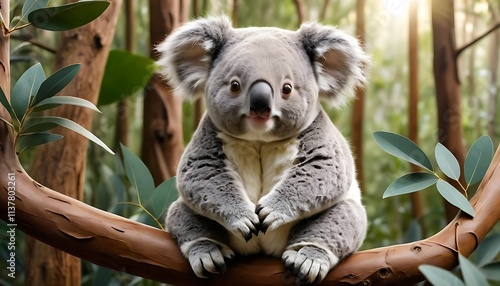 Adorable Koala on Eucalyptus Branch: A Serene Australian Portrait photo