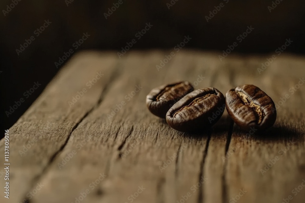 Obraz premium Rich brown coffee beans resting on a textured wooden surface in natural light