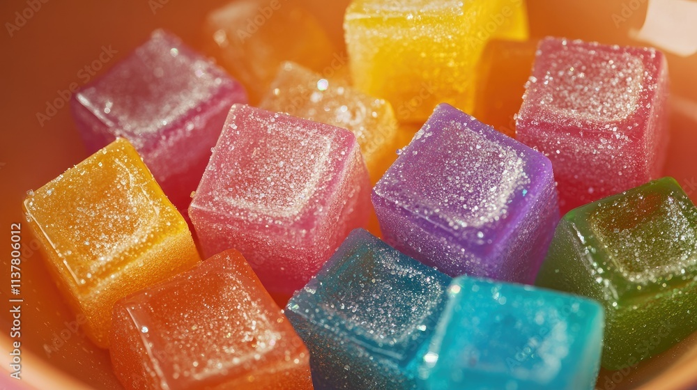 A playful shot of rainbow-colored jelly cubes in a bowl, with sparkling sugar crystals on top A playful shot of rainbow-colored jelly cubes in a bowl, with sparkling sugar crystals on top