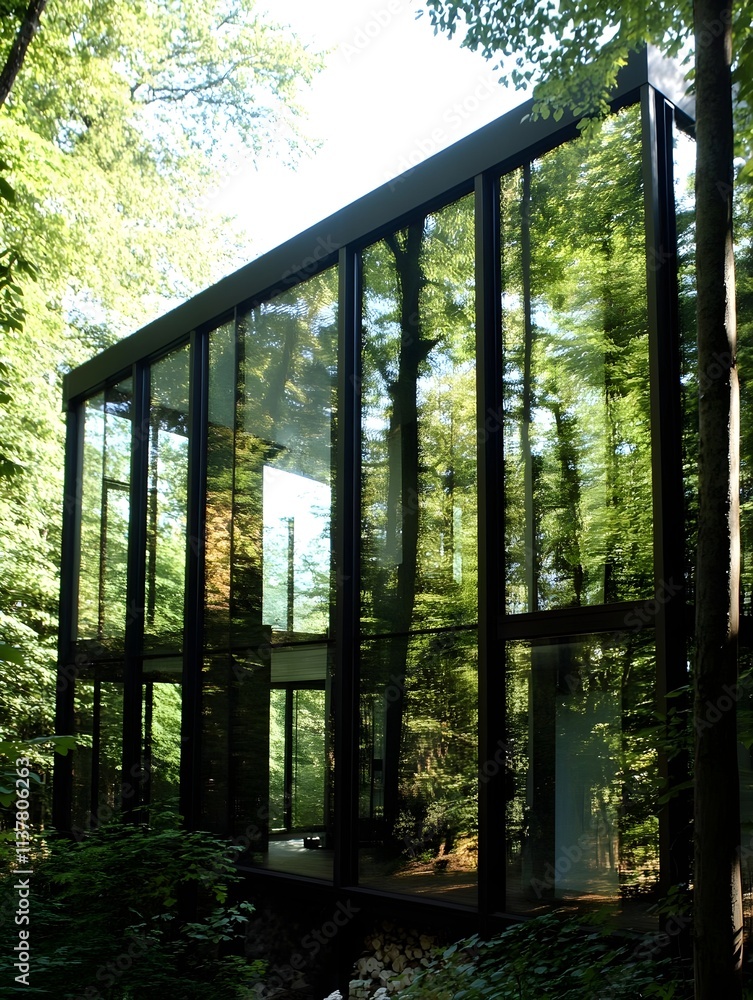 A glass-walled villa nestled in a dense forest, blending seamlessly with the natural environment.