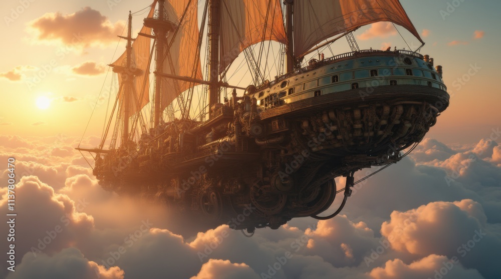 Naklejka premium A Massive Steampunk Airship Soaring Above the Clouds