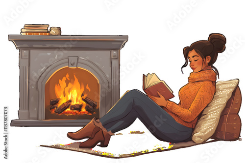 Cartoon illustration of Woman reading a book by the fireplace in a cozy indoor setting isolated on white or transparent background


