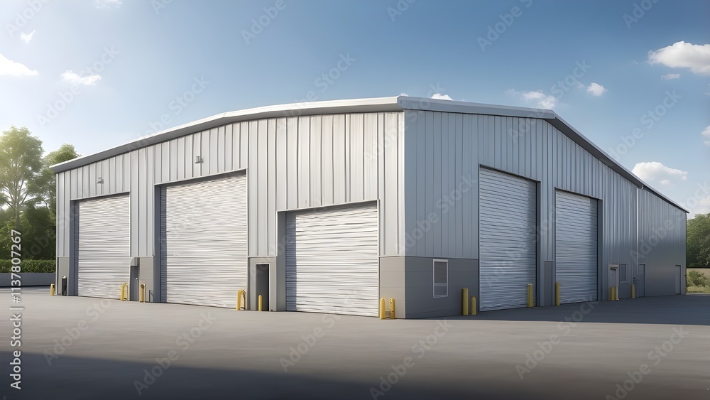 Fototapeta premium Steel commercial garage building with a straight wall. AI that is generative