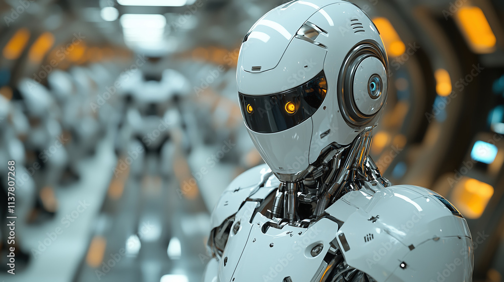 Fototapeta premium Humanoid robot in a futuristic facility surrounded by other robots.