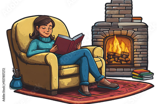 Cartoon illustration of Woman reading a book by the fireplace in a cozy indoor setting, white or transparent background


