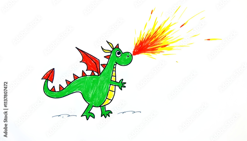 Fototapeta premium Green dragon standing on two legs and spewing fire, naive children's drawing with colored crayons on white paper. 