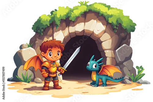 Childlike cartoon illustration showing a brave knight holding a sword and a small friendly dragon outside a cave entrance isolated on white or transparent background


