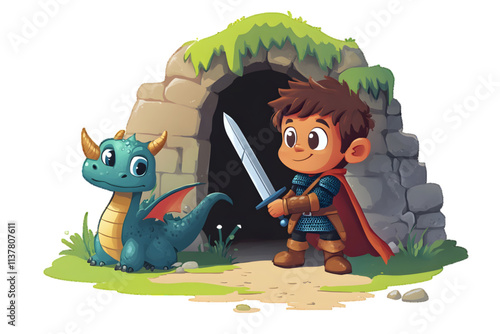 Childlike cartoon illustration showing a brave knight holding a sword and a small friendly dragon outside a cave entrance, white or transparent background


