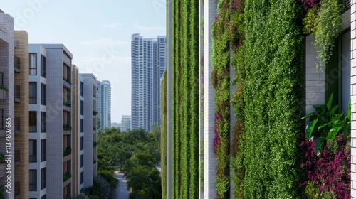 Green wall on a building, sustainable urban design integrating nature into architecture photo