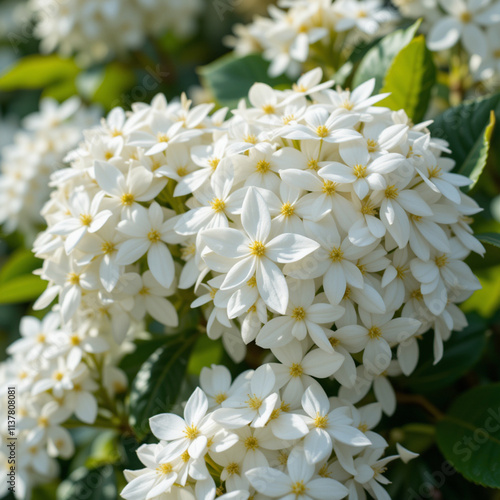 A beautiful 4K high-quality image of jasmine flowers, with small white blossoms arranged in clusters, filling the air with their delicate fragrance photo