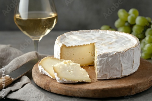 Gourmet cheese and wine arrangement on a wooden board with natural lighting. AI generated illustration