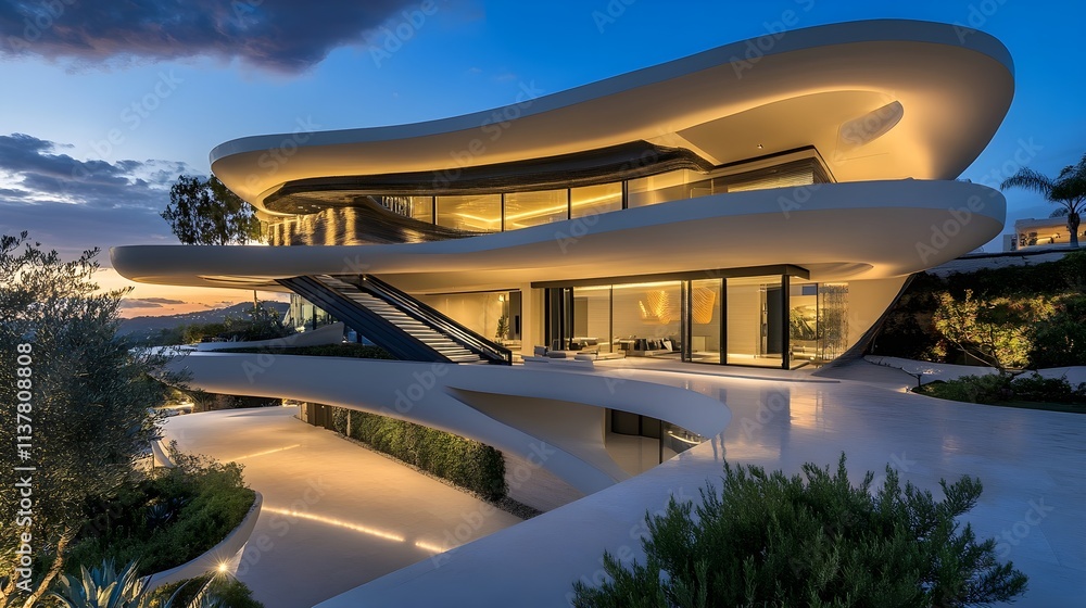 Fototapeta premium A futuristic villa with curved walls, a metallic exterior, and a floating staircase leading to the entrance. 
