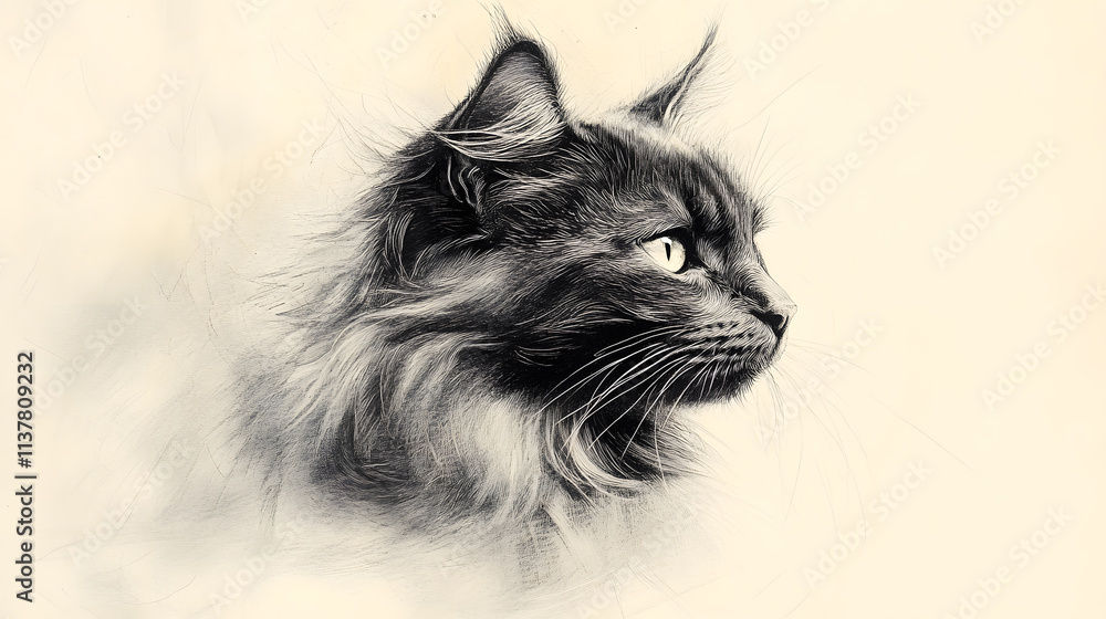 Obraz premium An expressive sketch of a cat with long flowing fur, drawn in loose pencil strokes. The artist’s rough, yet emotive style conveys the cat’s mysterious and elegant presence.