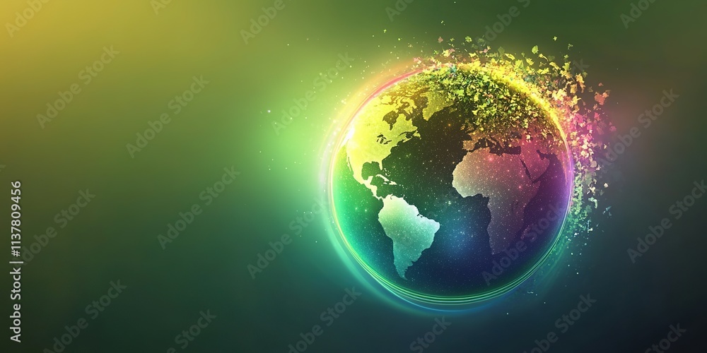 Fototapeta premium Creative abstract advertising background for Earth Day and Arbor Day, featuring a vibrant green theme that embodies the spirit of environmental protection. The illustration showcases a whimsical Eart