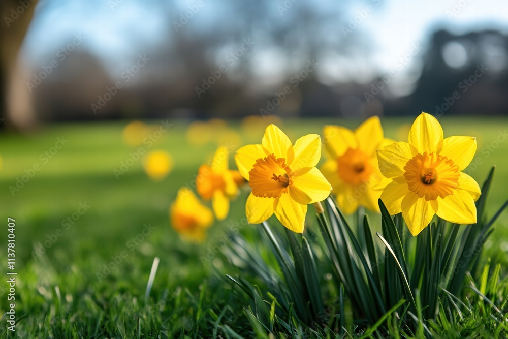 Obraz premium Bright yellow daffodils bloom in a sunny park during springtime