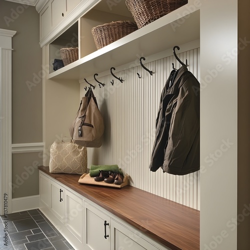 A functional mudroom with a built-in bench, overhead storage, and hooks for jackets and bags. photo