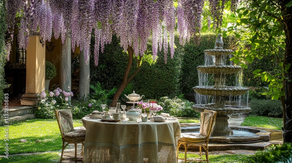 Naklejka premium Charming garden tea party with a table set for guests under purple wisteria, a grand fountain adding to the serene ambiance.