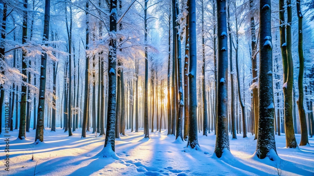 Obraz premium Serene Panoramic View of a Winter Forest with Slim Tree Trunks and Gentle Snowfall Creating a Tranquil Atmosphere in a Snow-Covered Landscape