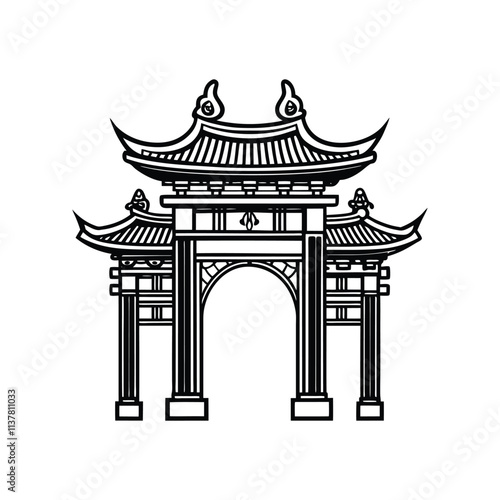Traditional Chinese Gate Illustration - Black and White Line Art of Asian Architecture and Pagoda Design