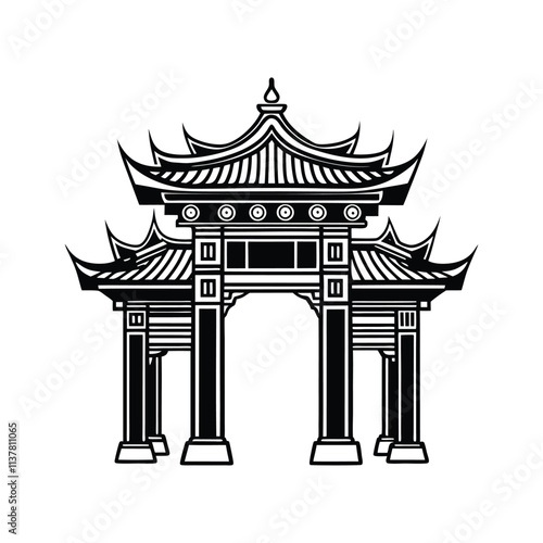 Traditional Chinese Gate Illustration - Black and White Line Art of Asian Architecture and Pagoda Design