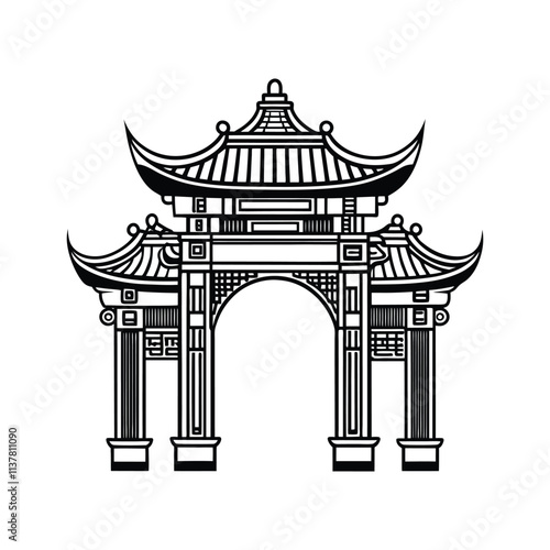 Traditional Chinese Gate Illustration - Black and White Line Art of Asian Architecture and Pagoda Design