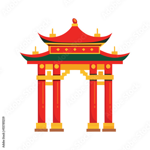 Traditional Chinese Arch Illustration - Red and Gold Pagoda Gate Vector for Cultural and Architectural Art