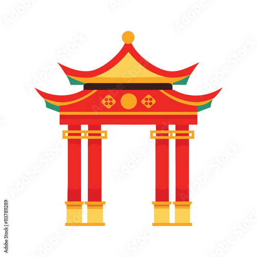 Traditional Chinese Arch Illustration - Red and Gold Pagoda Gate Vector for Cultural and Architectural Art