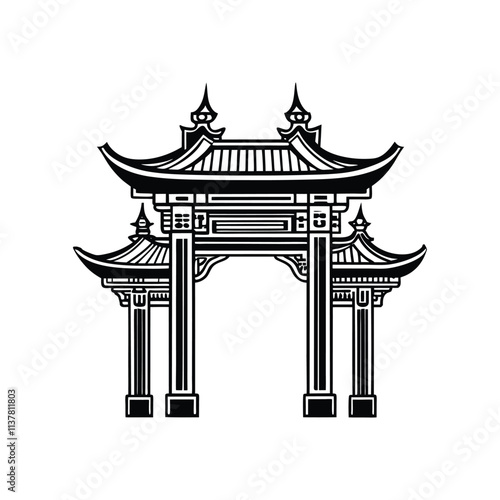 Traditional Chinese Gate Illustration - Black and White Line Art of Asian Architecture and Pagoda Design