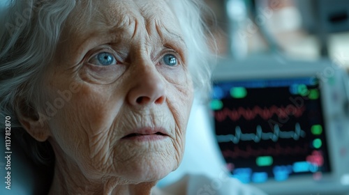 Close-up portrait of a worried elderly woman in a hospital bed, with a heart monitor in the background.