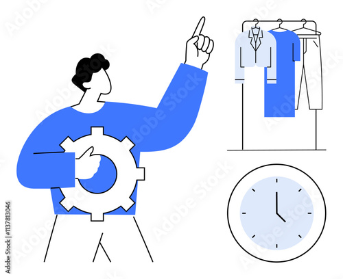 Man holding a gear pointing upwards, alongside a rack of clothes and a clock. Ideal for business planning, time management, productivity strategies, organization, workflow optimization, fashion