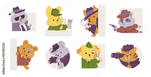 Detectives animals vector set, raccoon with handgun, fox, dog bear with magnifying glass, spy agent crime investigating