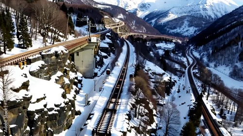 Drone inspecting railways through snowy mountain passes. photo