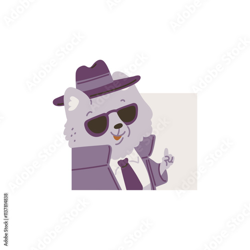 Vector illustration of a peeking detective cat on a square background.