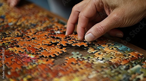 Hands holding an edge piece of a puzzle, aligning it carefully with the border.
