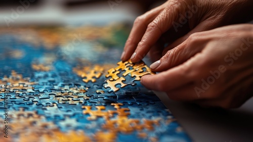 Hands holding an edge piece of a puzzle, aligning it carefully with the border.