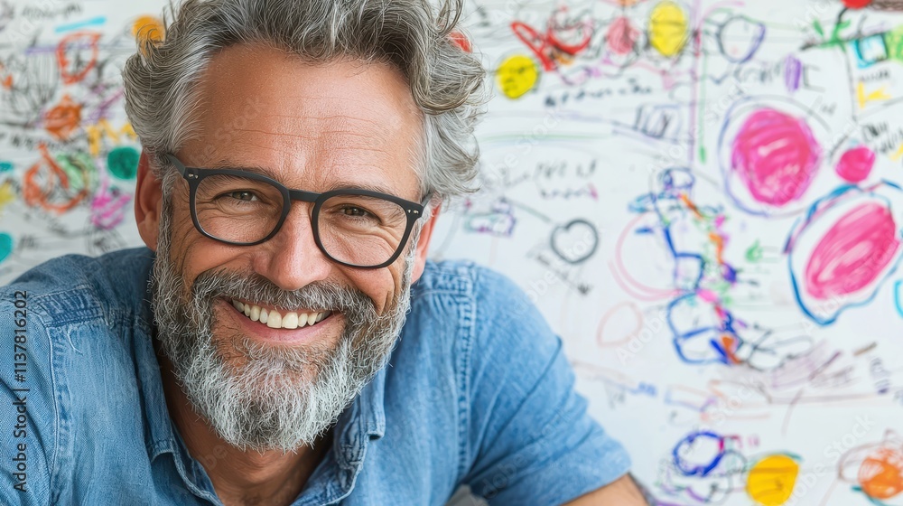Happy Mature Man with Beard and Glasses Smiling in Front of Colorful Creative Wall Drawings Happy Mature Man with Beard and Glasses Smiling in Front of Colorful Creative Wall Drawings