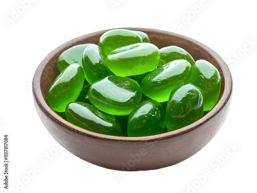 Green jellies in brown bowl isolated on white or transparent background


