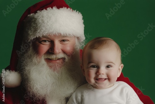 Isolated white baby boy in holiday lap on green background. Lively acation season, gorgeous baby boy! copy space. Santa claus green. Santa and child. Santa claus and christmas child. photo