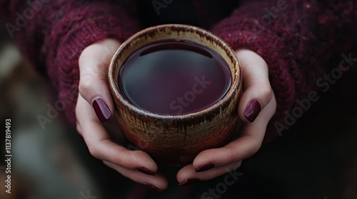 Girl holding a cup of mulled wine in her hands. Generative AI,