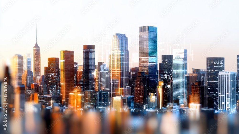 Fototapeta Vibrant Skyline of Modern City at Dusk with Bright Lights