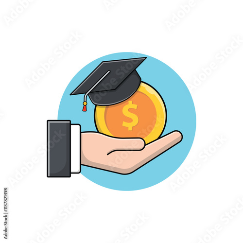 Hand Holding Coin with Graduation Hat Vector Illustration. Student Loan Concept Design