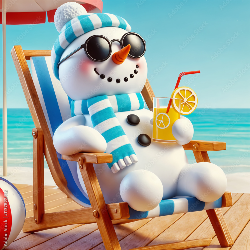 A happy snowman relaxing on a beach chair under the sun, wearing sunglasses and sipping juice