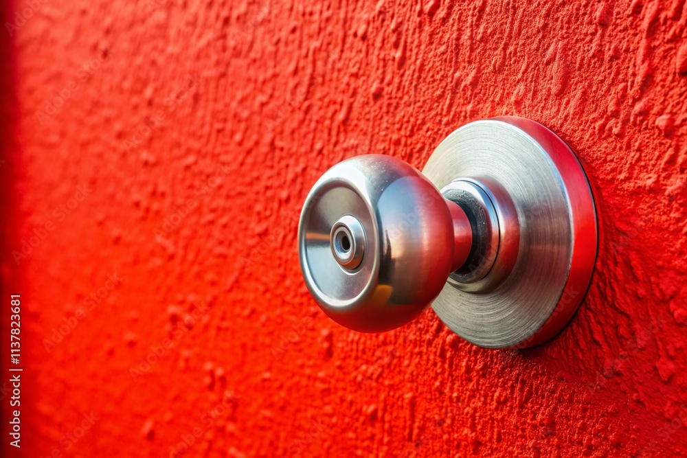 Sleek Silver Door Knob, Red Wall Texture, Interior Design, Modern Home Decor, Architectural Detail Sleek Silver Door Knob, Red Wall Texture, Interior Design, Modern Home Decor, Architectural Detail