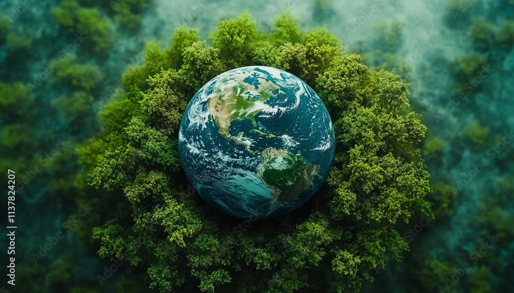 Earth in a green, ecological setting, surrounded by trees and plants, sustainable environment, CSR, net zero, ecological awareness, clean background Earth in a green, ecological setting, surrounded by trees and plants, sustainable environment, CSR, net zero, ecological awareness, clean background