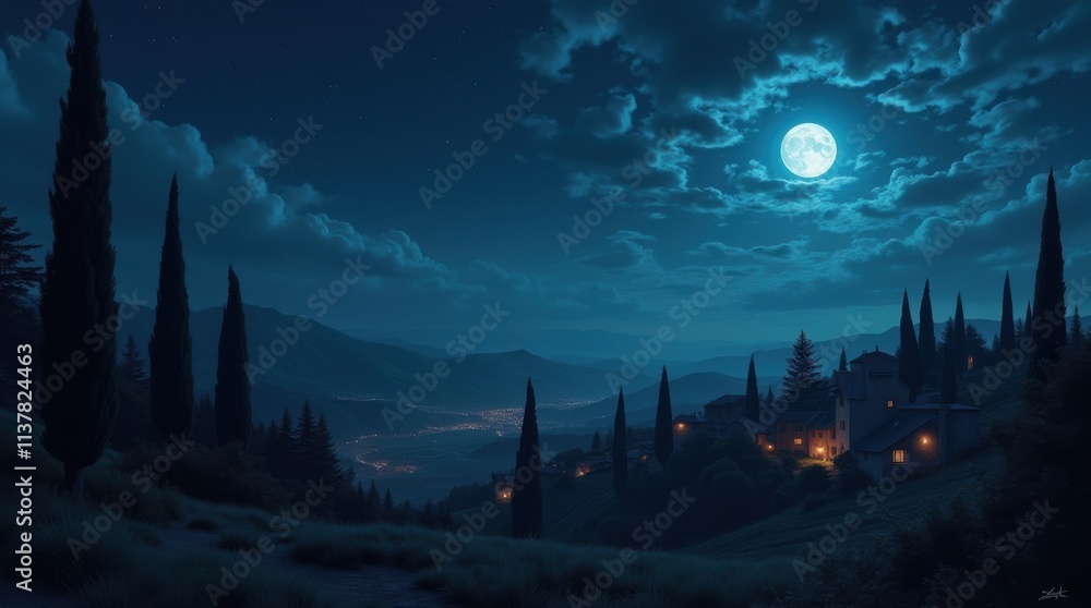Naklejka premium Moonlit Village with Cypress Trees