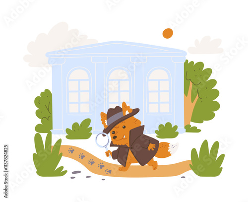 Illustration of a fox detective walking with a magnifying glass in his hands on the tracks.