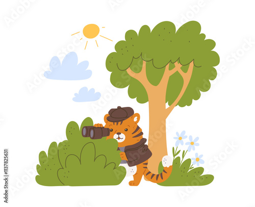 Vector Illustration of a detective - a tiger, who is watching the bushes with binoculars.