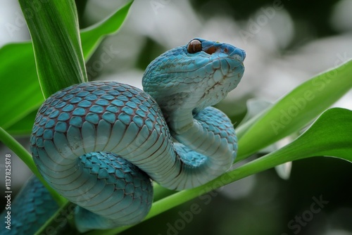 Potrait blue viper snake on branch, viper snake, blue insularis, trimeresurus insularis, 16 December 2024 Indonesia photo