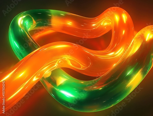 Bright orange and glowing green fluid curves intertwining in a luminous space photo