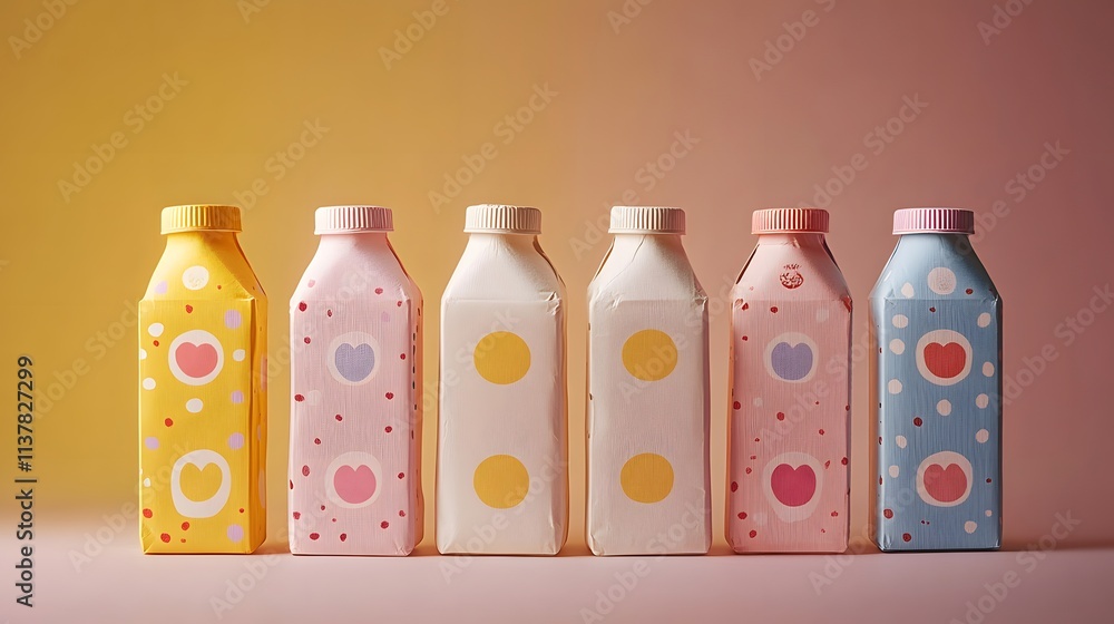 Milk Carton Mockup showcases a vibrant array of colorful cartons in playful designs. The soft pastel palette evokes a cheerful, whimsical mood perfect for branding. Milk Carton Mockup showcases a vibrant array of colorful cartons in playful designs. The soft pastel palette evokes a cheerful, whimsical mood perfect for branding.